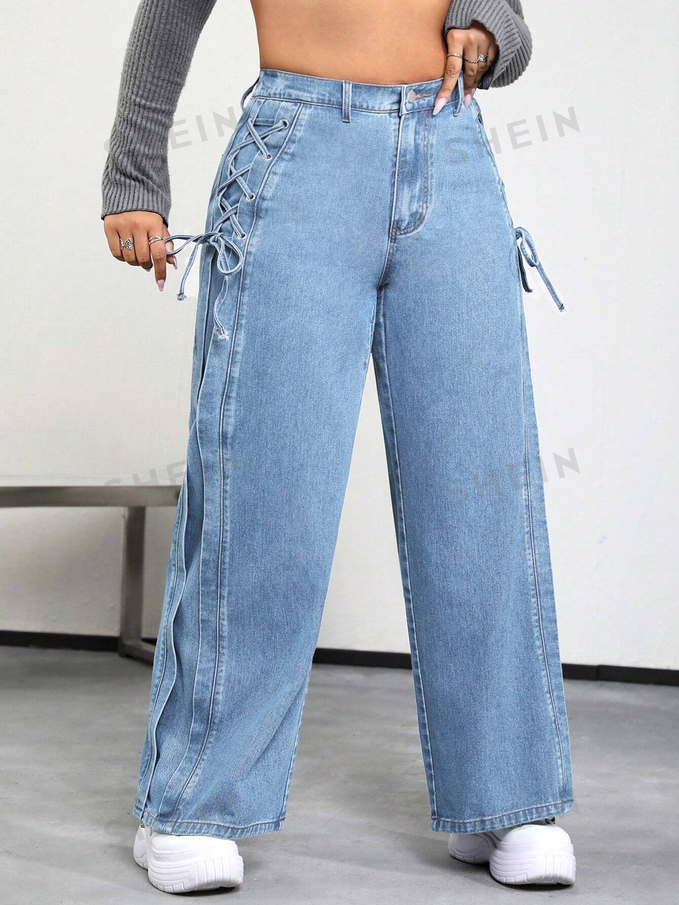 SHEIN ICON Plus Lace Up Side Wide Leg Jeans - Image 4
