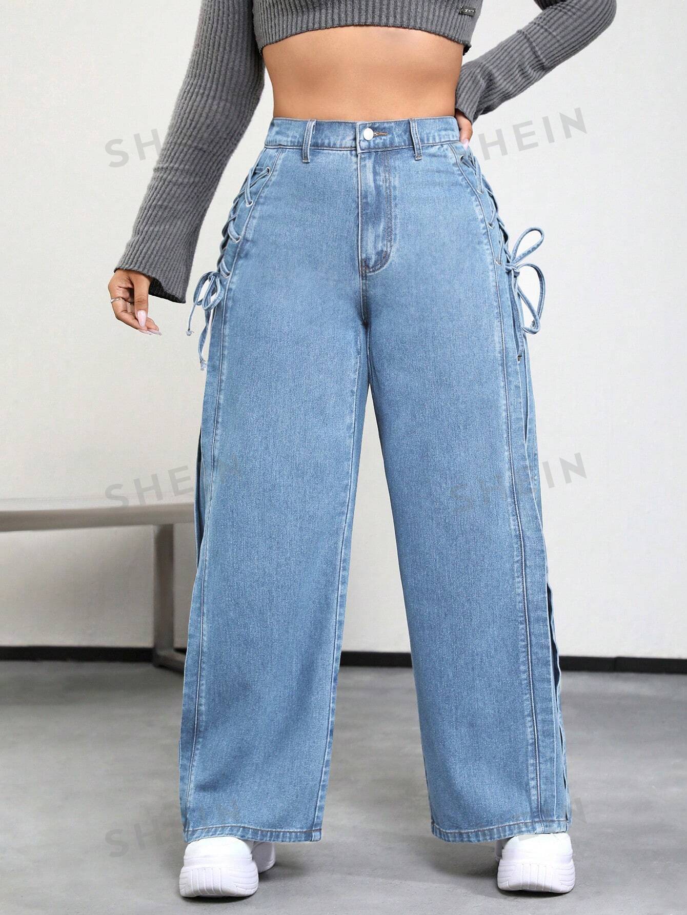 SHEIN ICON Plus Lace Up Side Wide Leg Jeans - Image 5