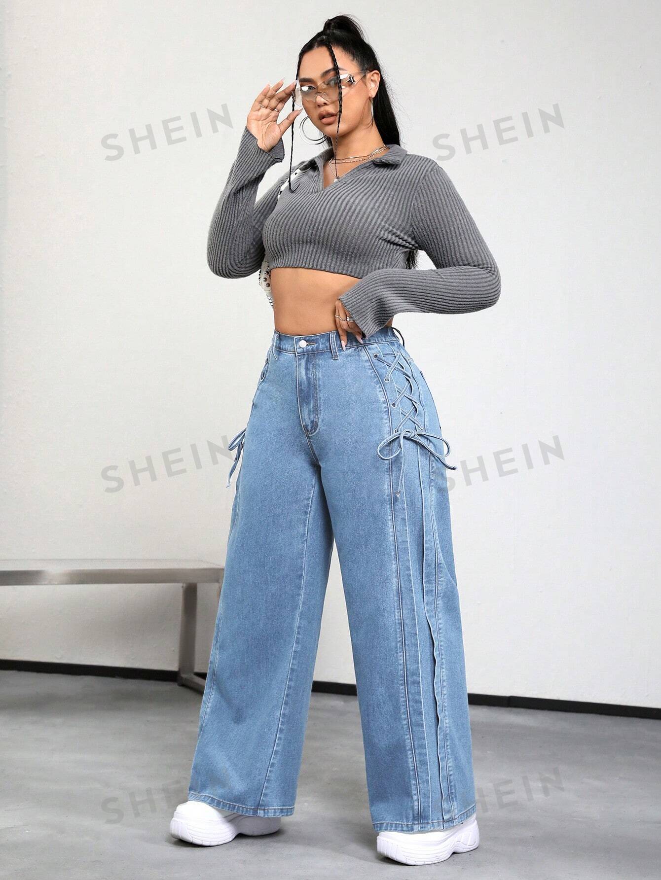 SHEIN ICON Plus Lace Up Side Wide Leg Jeans - Image 6