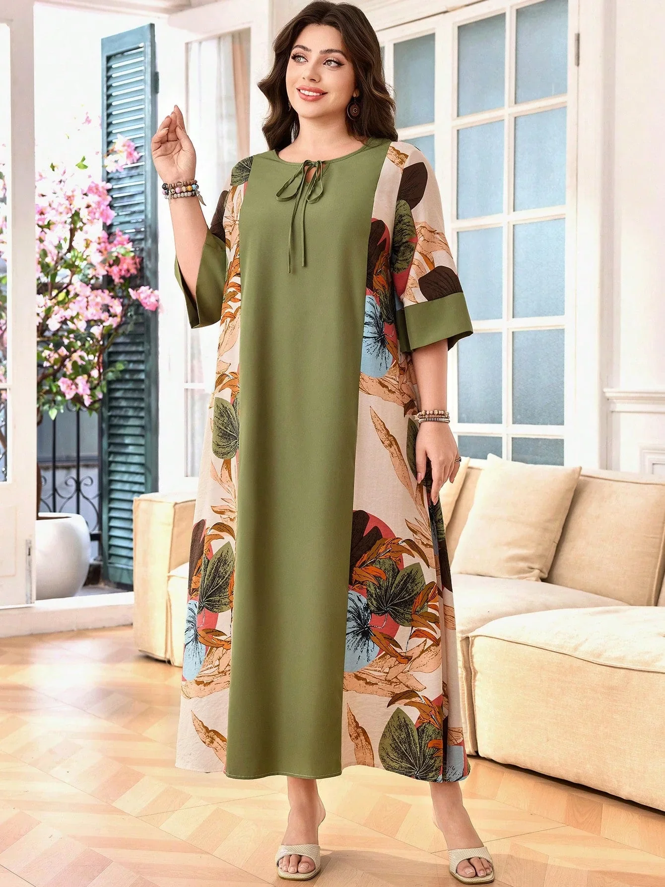 SHEIN Lacomfia Women Plus Size Loose Tie-Waist Arabic Patchwork 3/4 Sleeve Casual Dress - Image 4