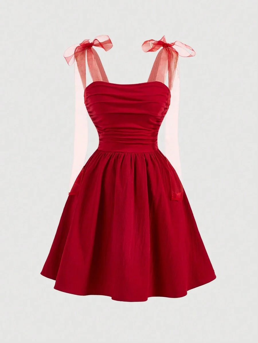 SHEIN MOD Elegant Burgundy Red Summer Party Dress,Ruched Fit And Flare Sweetheart Neckline With Sheer Organza Tie Straps (FD) - Image 5