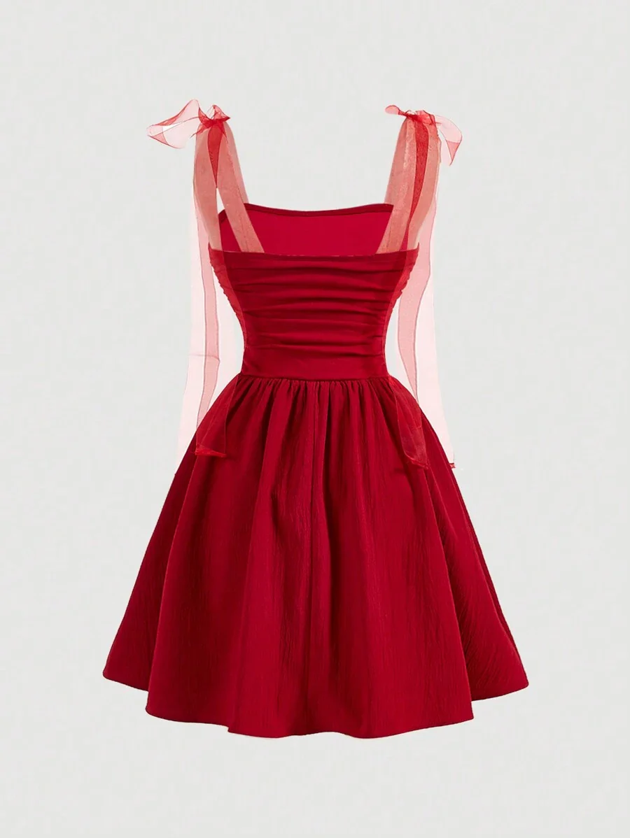 SHEIN MOD Elegant Burgundy Red Summer Party Dress,Ruched Fit And Flare Sweetheart Neckline With Sheer Organza Tie Straps (FD) - Image 6