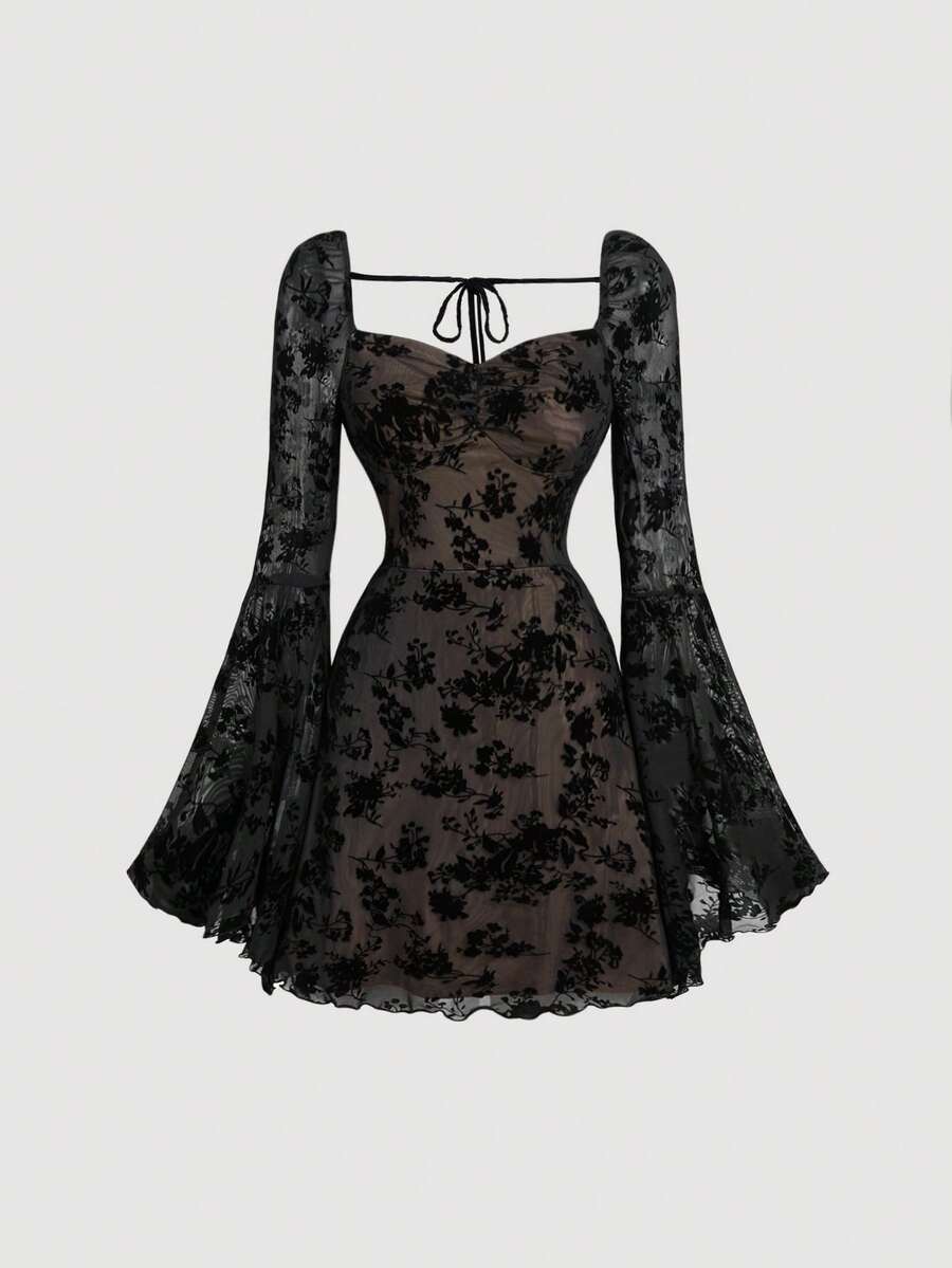 SHEIN MOD Elegant Ruched Bust Flare Sleeve Flocked-Jacquard Dress