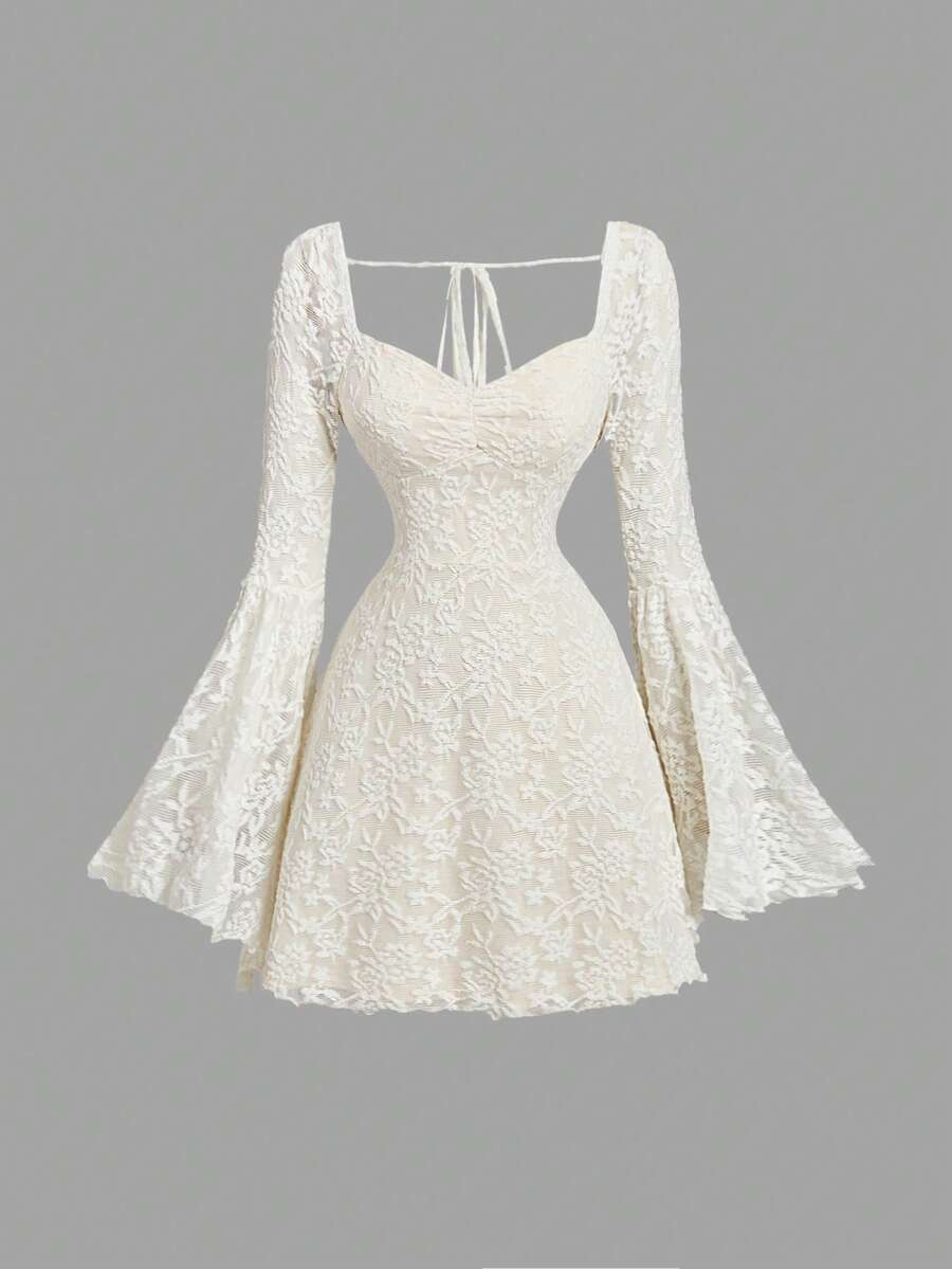 SHEIN MOD Elegant Ruched Bust Flare Sleeve Flocked-Jacquard Dress - Image 10