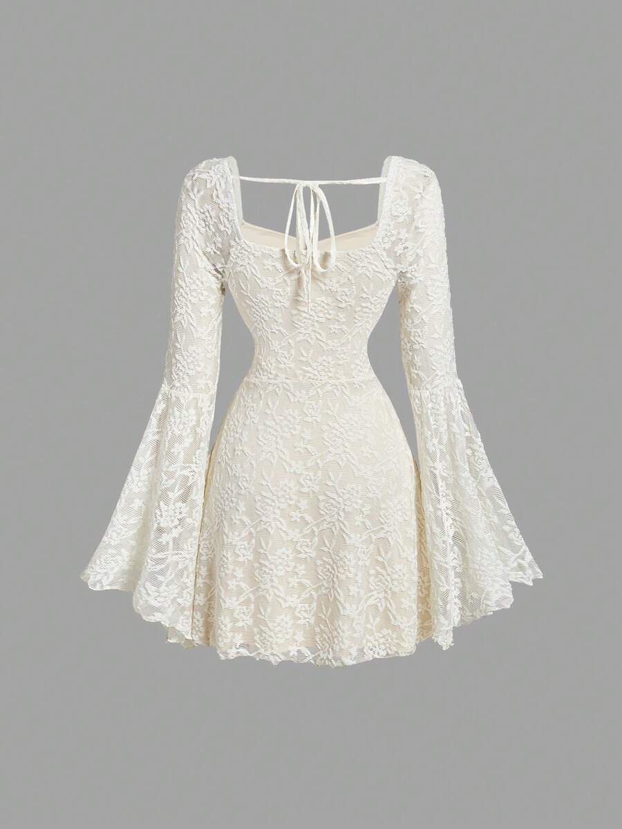 SHEIN MOD Elegant Ruched Bust Flare Sleeve Flocked-Jacquard Dress - Image 11