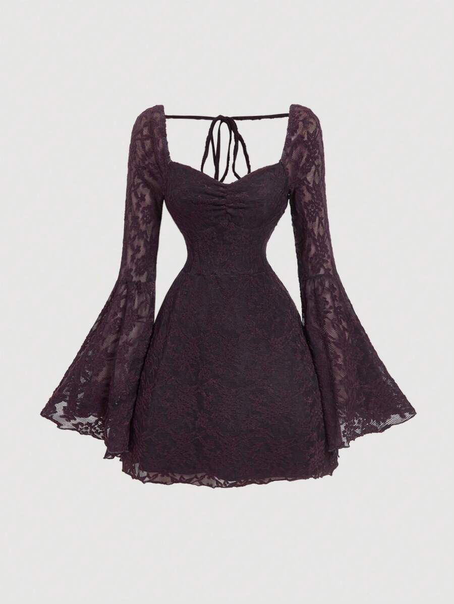 SHEIN MOD Elegant Ruched Bust Flare Sleeve Flocked-Jacquard Dress - Image 18
