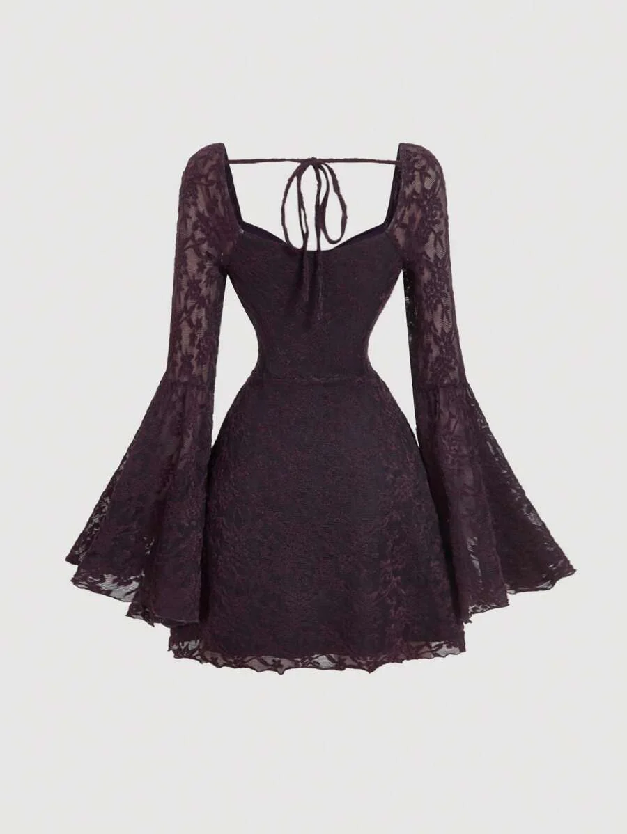 SHEIN MOD Elegant Ruched Bust Flare Sleeve Flocked-Jacquard Dress - Image 19