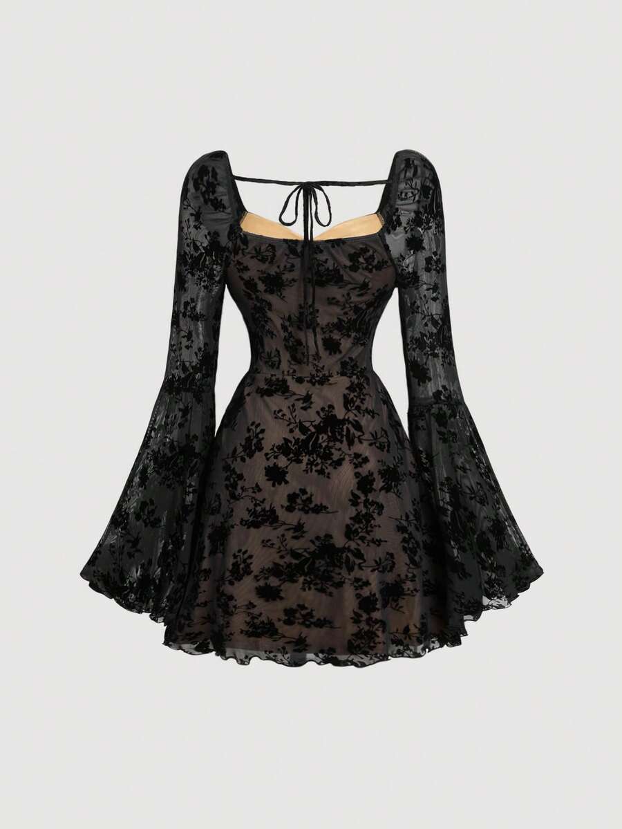 SHEIN MOD Elegant Ruched Bust Flare Sleeve Flocked-Jacquard Dress - Image 2