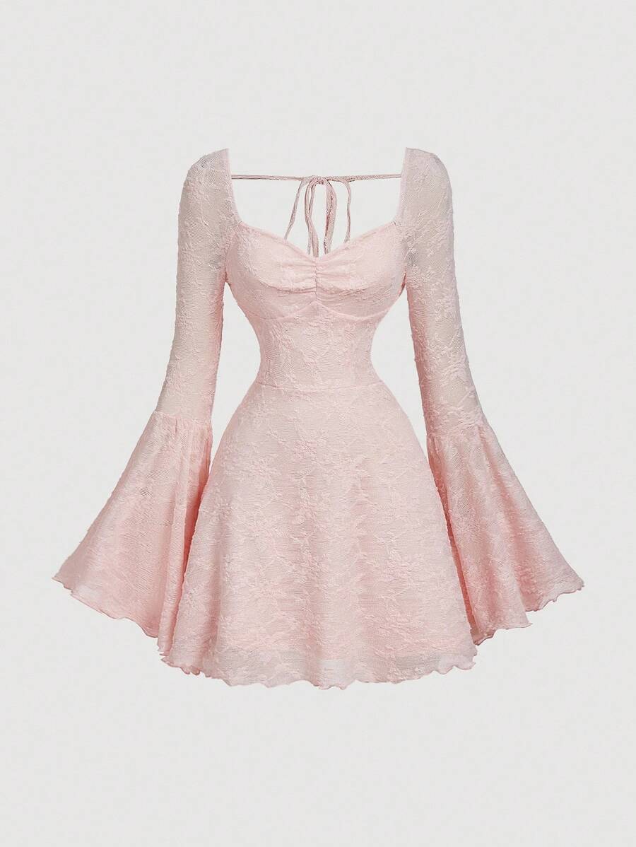 SHEIN MOD Elegant Ruched Bust Flare Sleeve Flocked-Jacquard Dress - Image 22