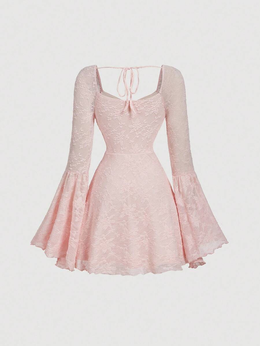 SHEIN MOD Elegant Ruched Bust Flare Sleeve Flocked-Jacquard Dress - Image 23