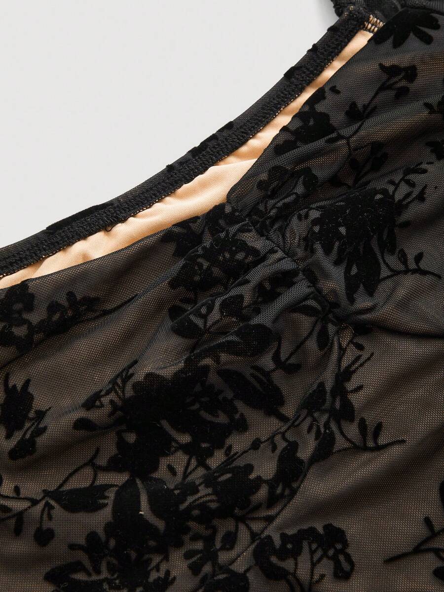 SHEIN MOD Elegant Ruched Bust Flare Sleeve Flocked-Jacquard Dress - Image 3