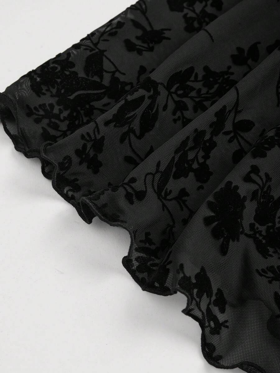 SHEIN MOD Elegant Ruched Bust Flare Sleeve Flocked-Jacquard Dress - Image 5
