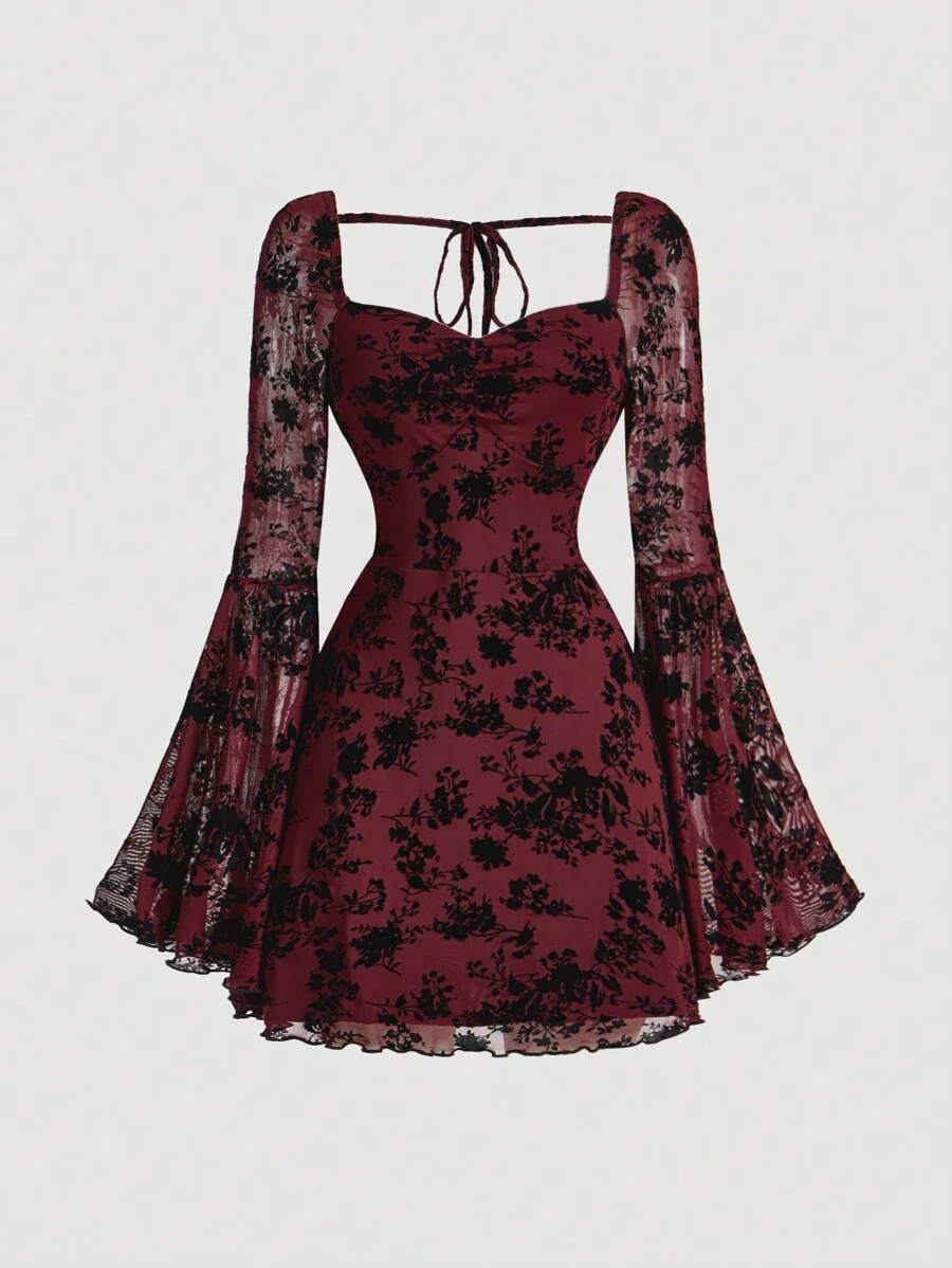 SHEIN MOD Elegant Ruched Bust Flare Sleeve Flocked-Jacquard Dress - Image 6