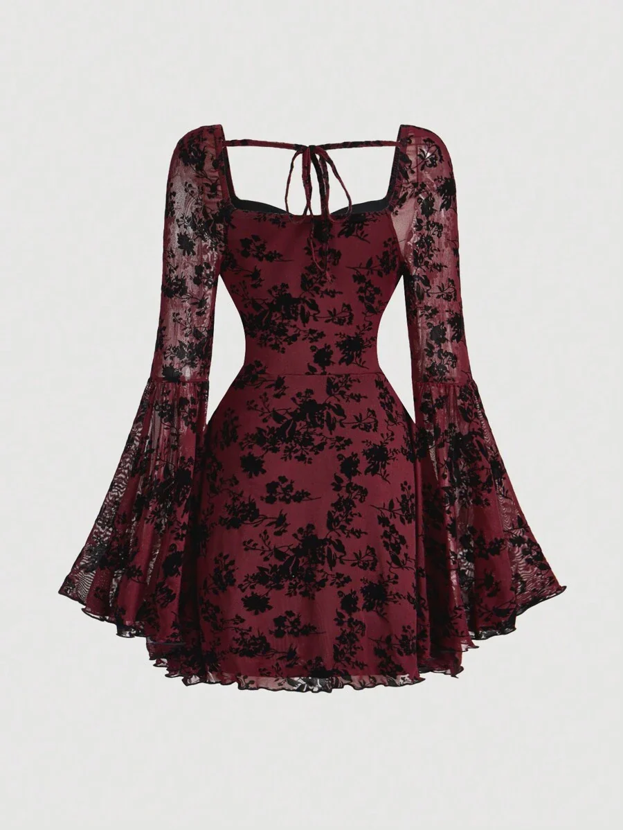 SHEIN MOD Elegant Ruched Bust Flare Sleeve Flocked-Jacquard Dress - Image 7