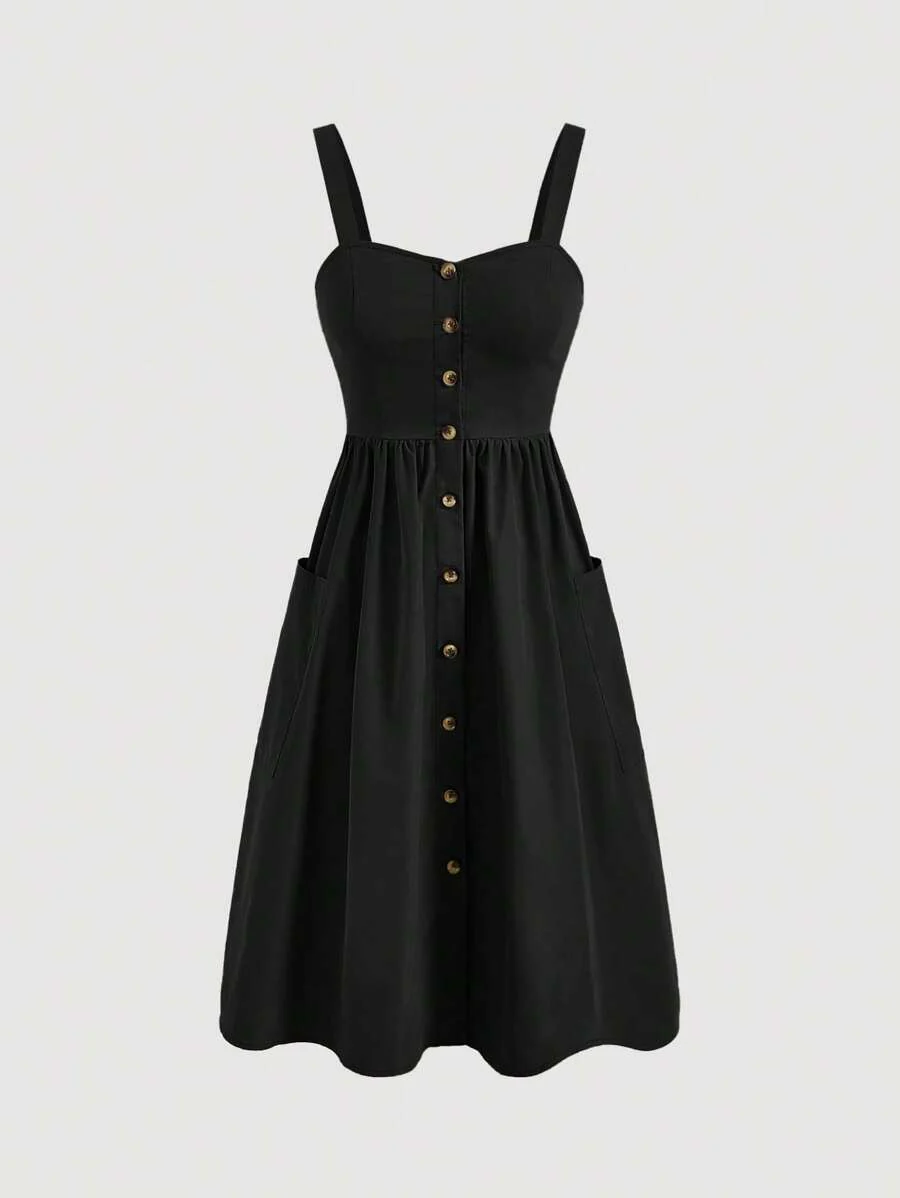 Women's Solid Color Wide Strap Front Button Casual Dress MOD - Image 26