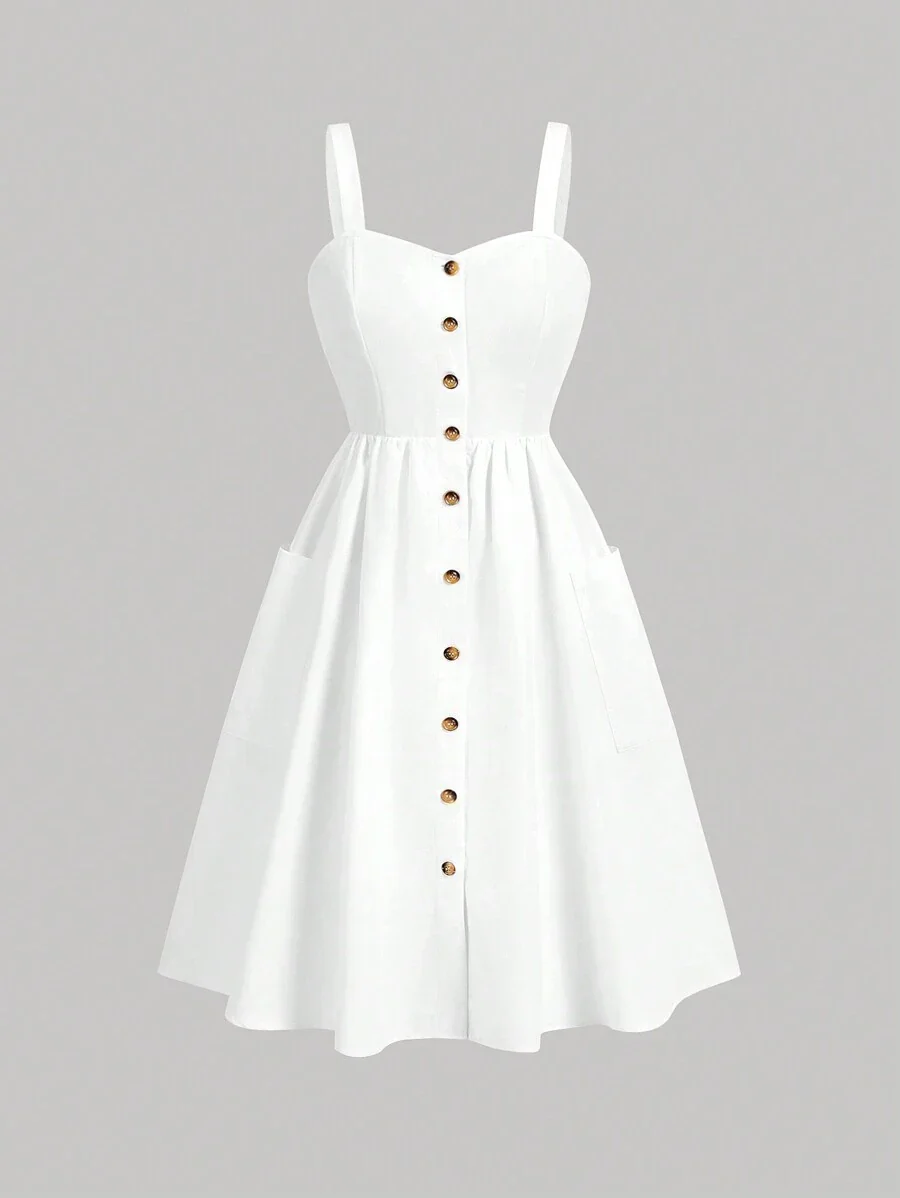 Women's Solid Color Wide Strap Front Button Casual Dress MOD - Image 9
