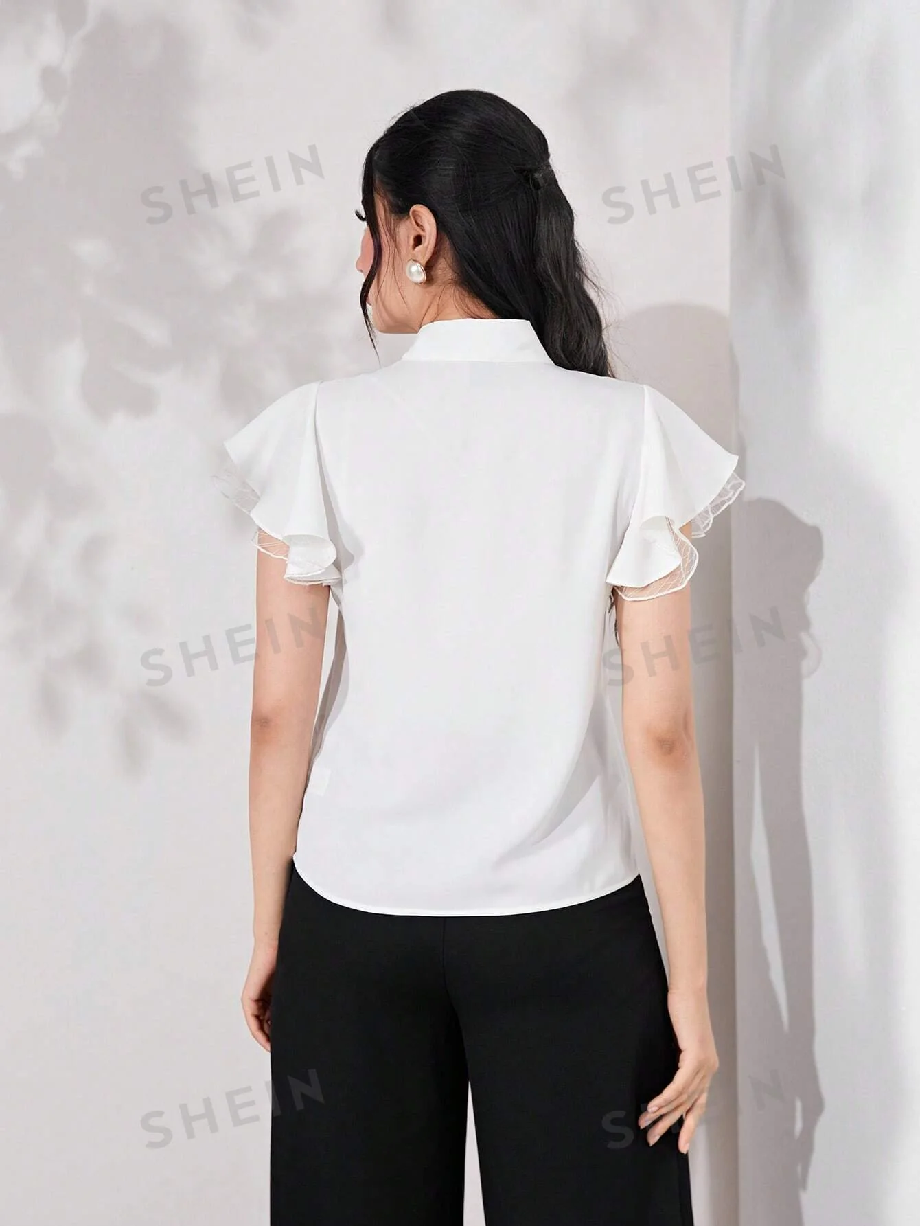 SHEIN Modely Tie Neck Contrast Mesh Flounce Sleeve Summer Blouse - Image 2