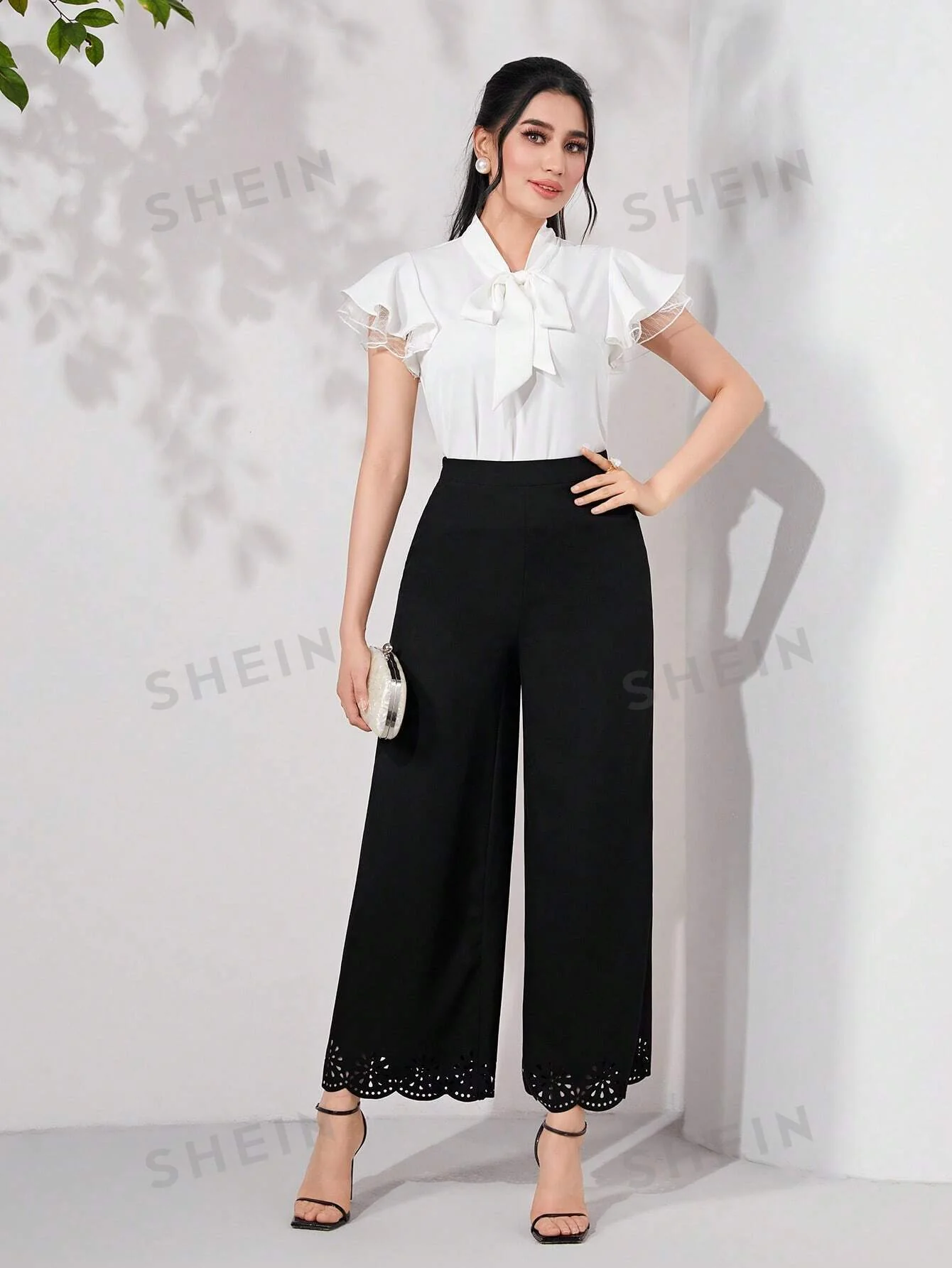SHEIN Modely Tie Neck Contrast Mesh Flounce Sleeve Summer Blouse - Image 3
