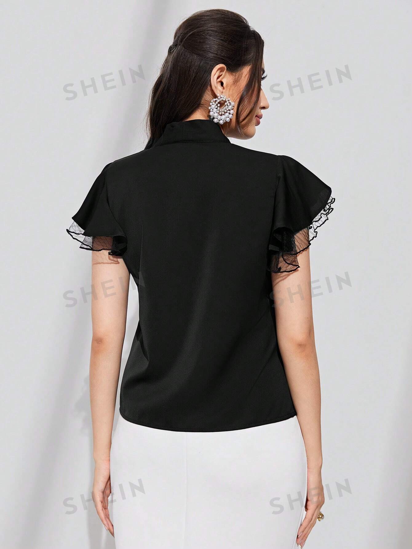 SHEIN Modely Tie Neck Contrast Mesh Flounce Sleeve Summer Blouse - Image 2