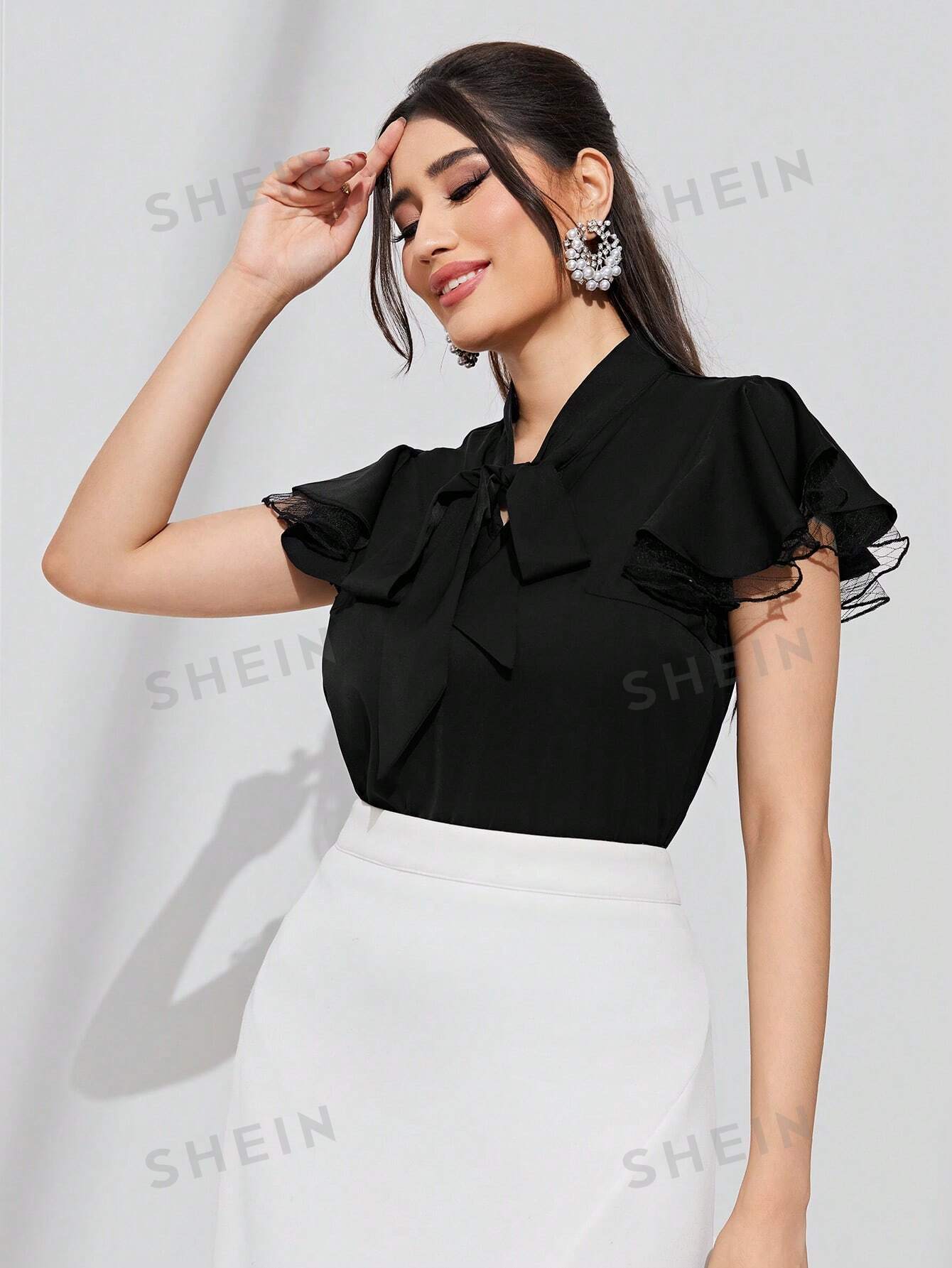 SHEIN Modely Tie Neck Contrast Mesh Flounce Sleeve Summer Blouse - Image 3