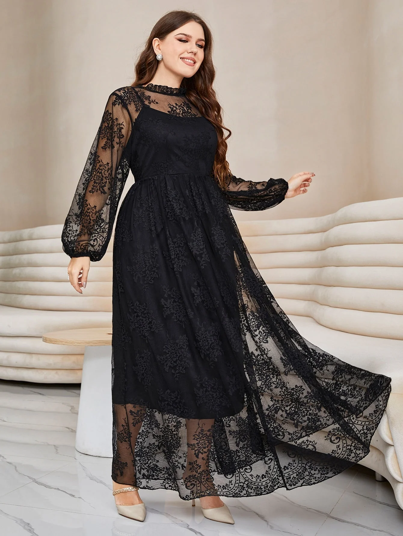 SHEIN Plus Lantern Sleeve Mock Neck Lace Dress - Image 3