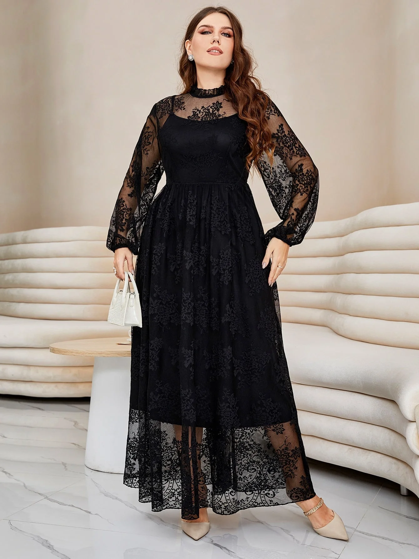 SHEIN Plus Lantern Sleeve Mock Neck Lace Dress - Image 5