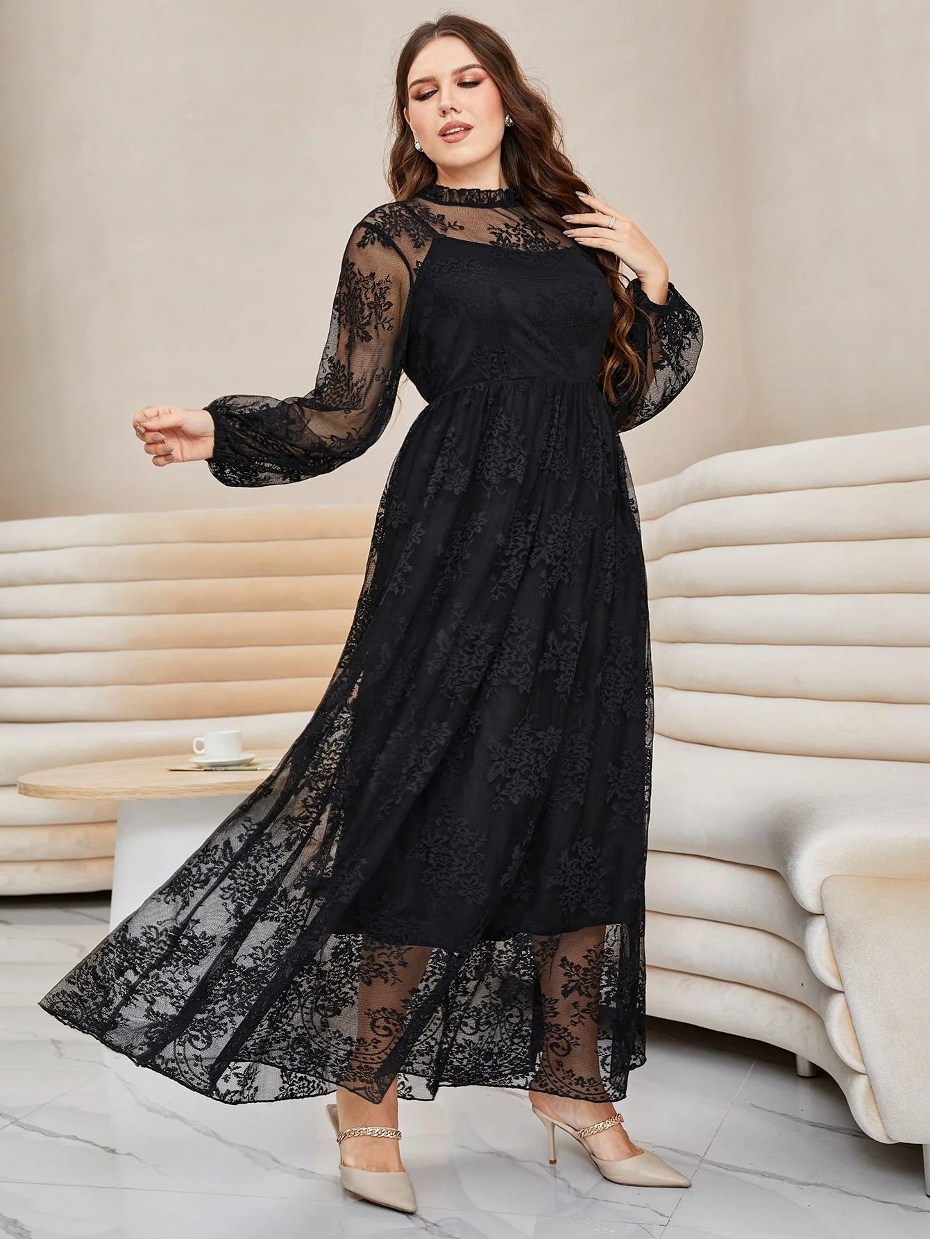 SHEIN Plus Lantern Sleeve Mock Neck Lace Dress - Image 6