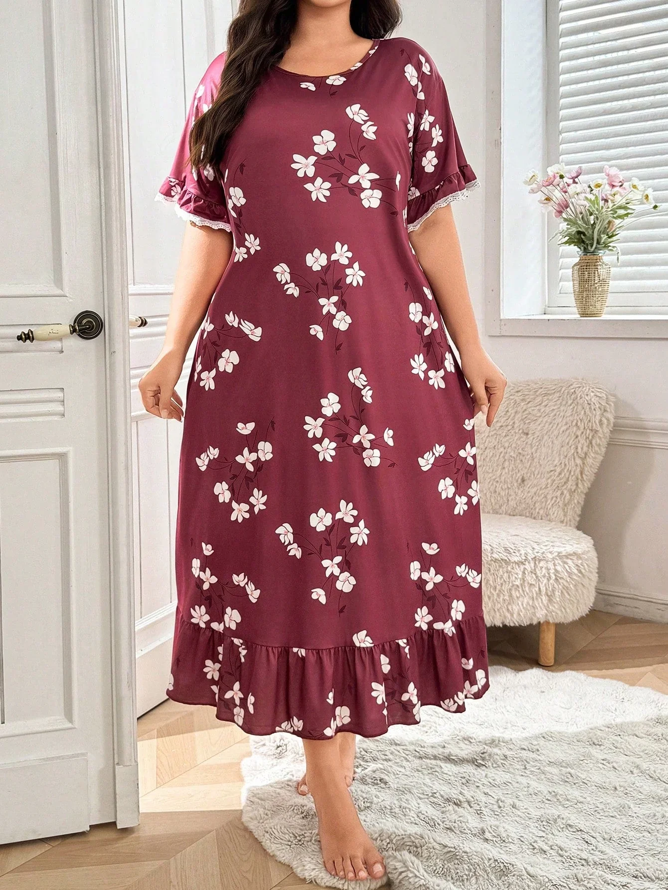 SHEIN Plus Size Floral Print Contrast Lace Hem Nightgown, - Image 6