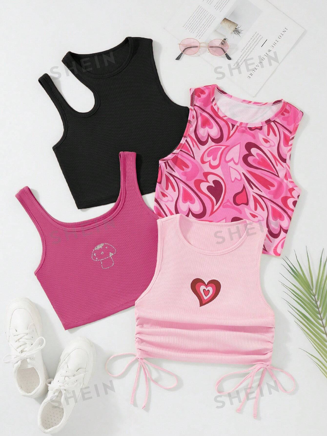 SHEIN Qutie 4pcs Heart Print Drawstring Side Tank Top - Image 2