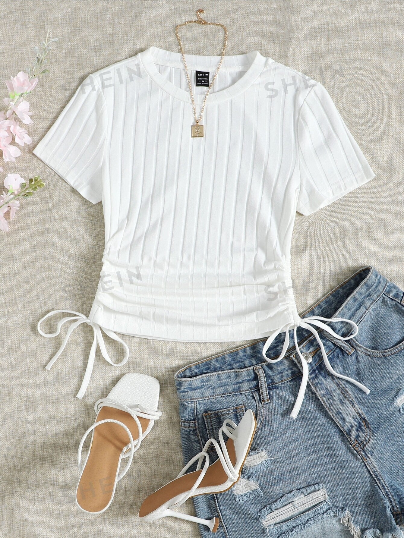 SHEIN Round Neck Short Sleeves Drawstring Ruched Side Rib-Knit Tee - Image 2