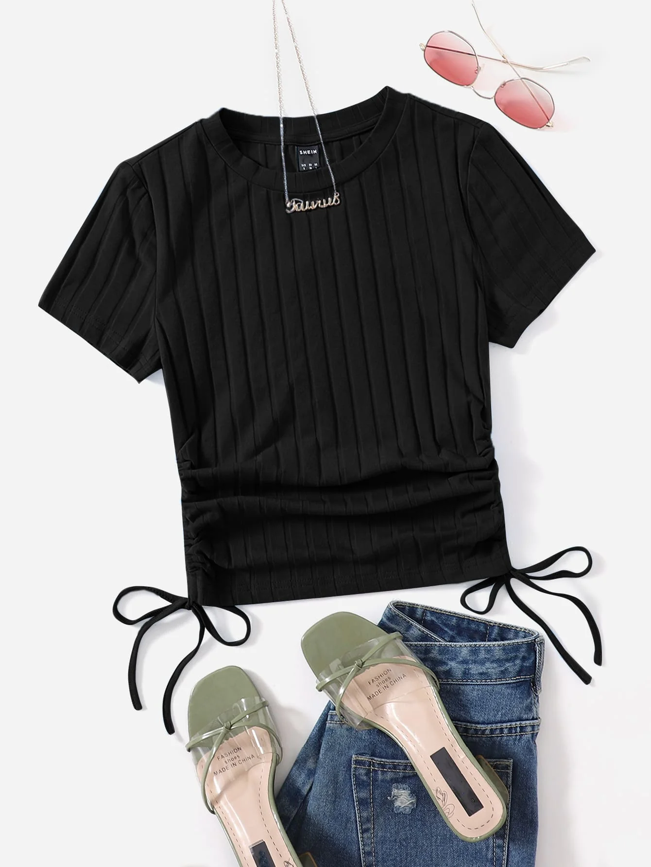 SHEIN Round Neck Short Sleeves Drawstring Ruched Side Rib-Knit Tee - Image 3