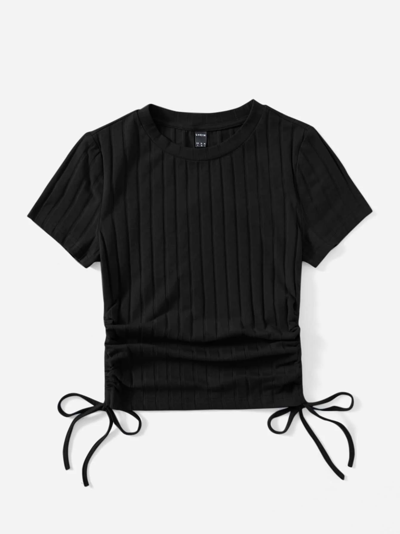 SHEIN Round Neck Short Sleeves Drawstring Ruched Side Rib-Knit Tee - Image 9