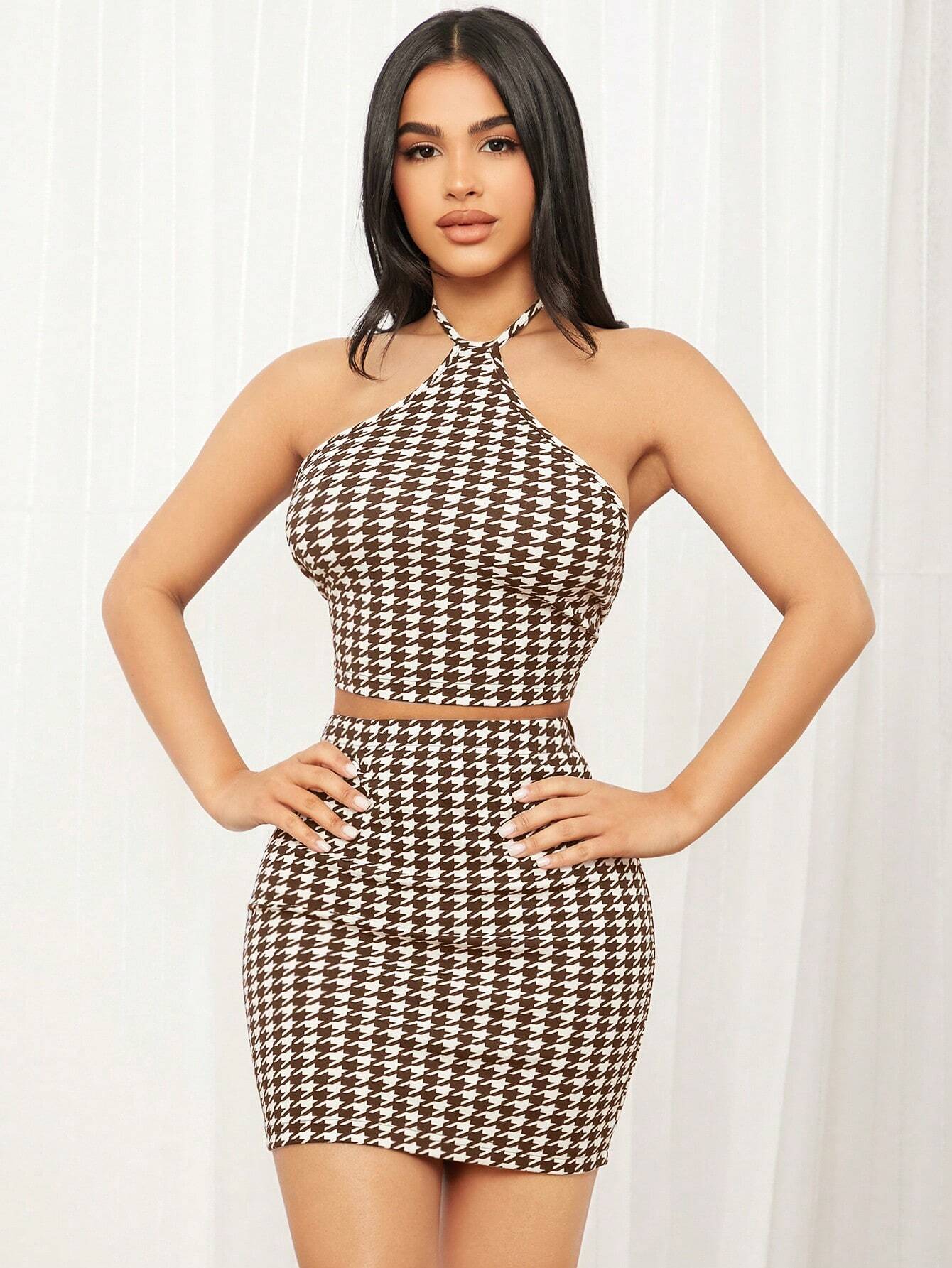 SHEIN SXY Houndstooth Print Backless Halter Top & Bodycon Skirt - Image 10