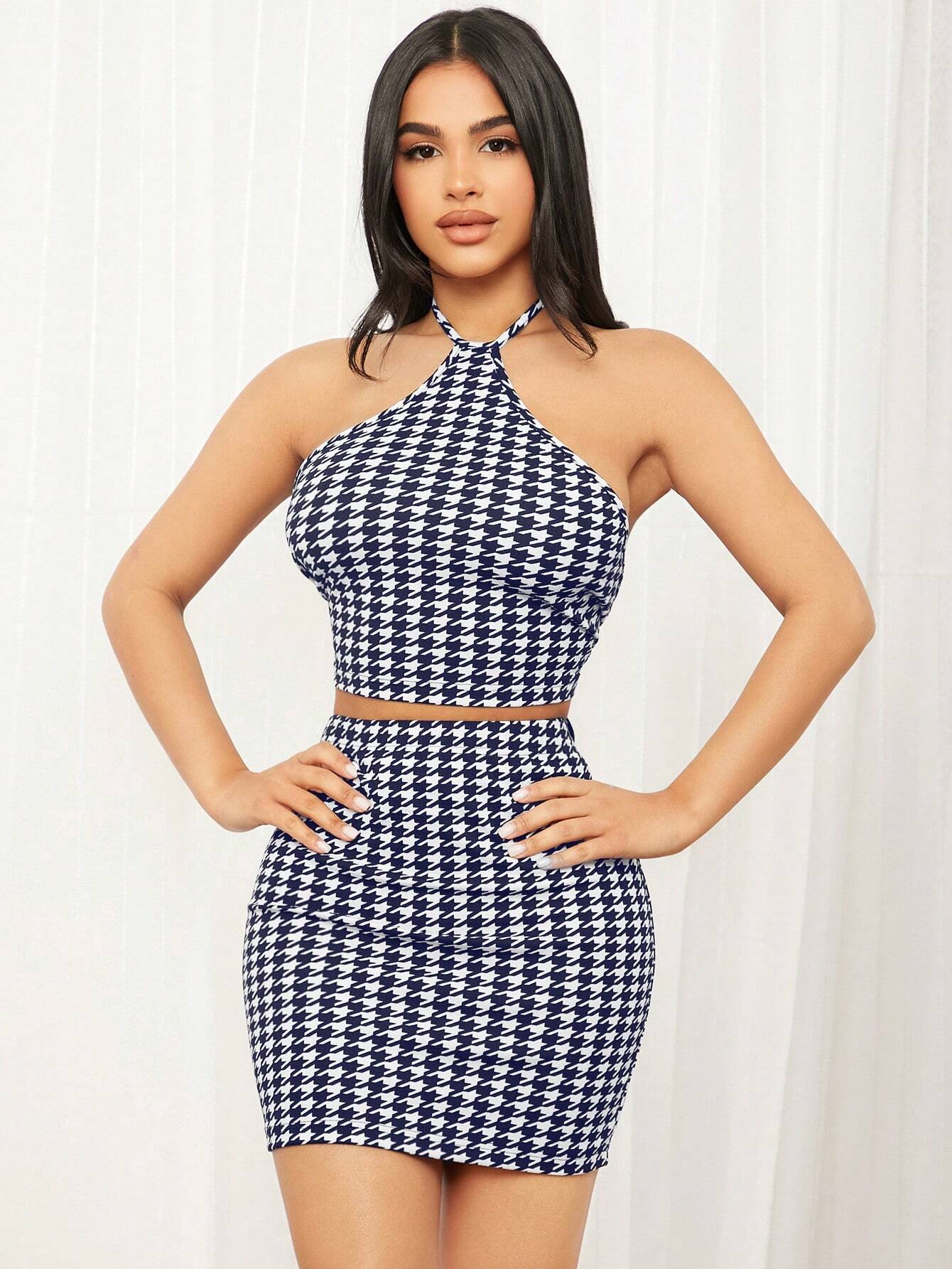 SHEIN SXY Houndstooth Print Backless Halter Top & Bodycon Skirt - Image 11