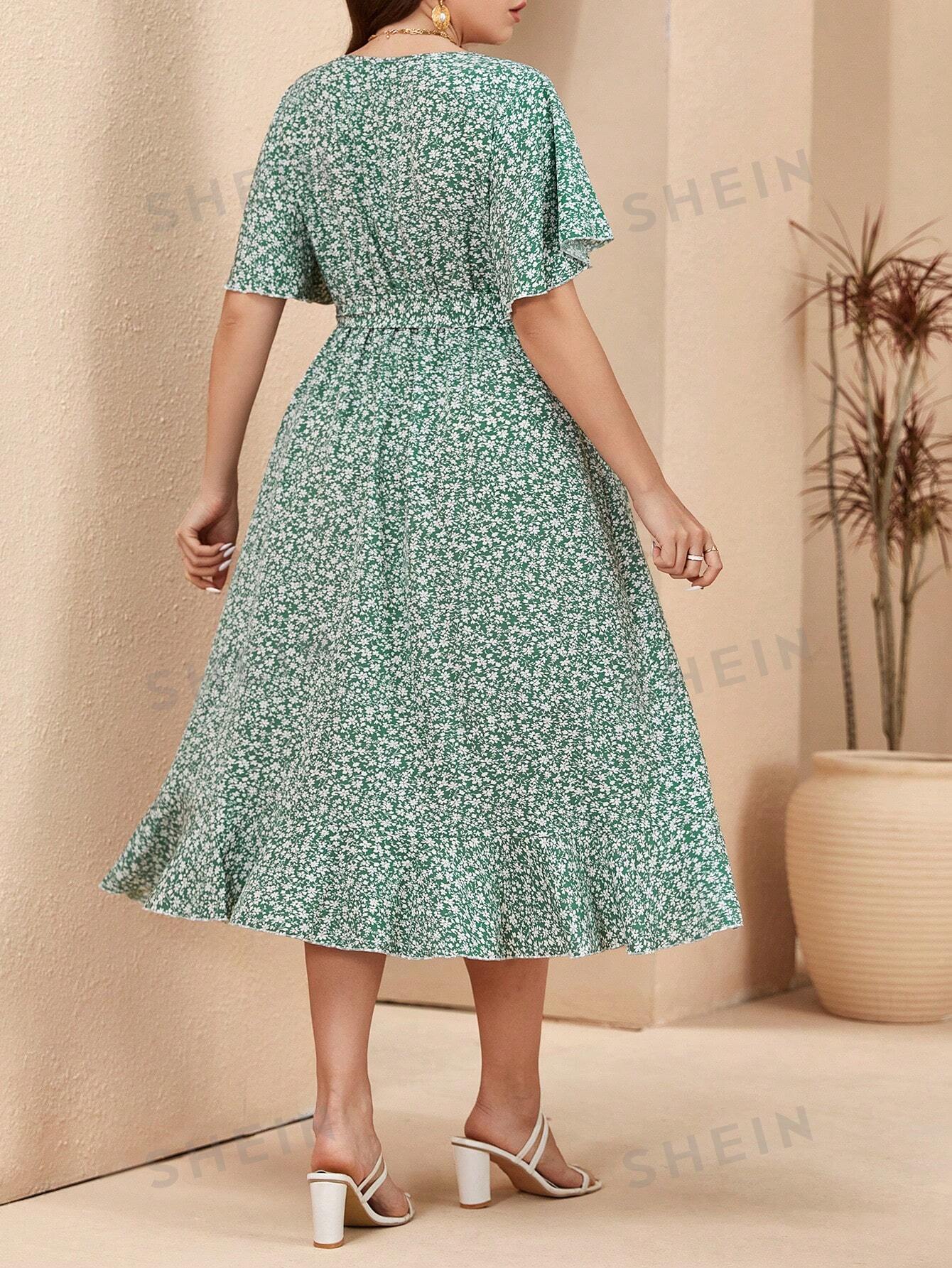 SHEIN Unity Plus Size Floral Print V-Neck Ruffle Sleeve Dress - Image 3