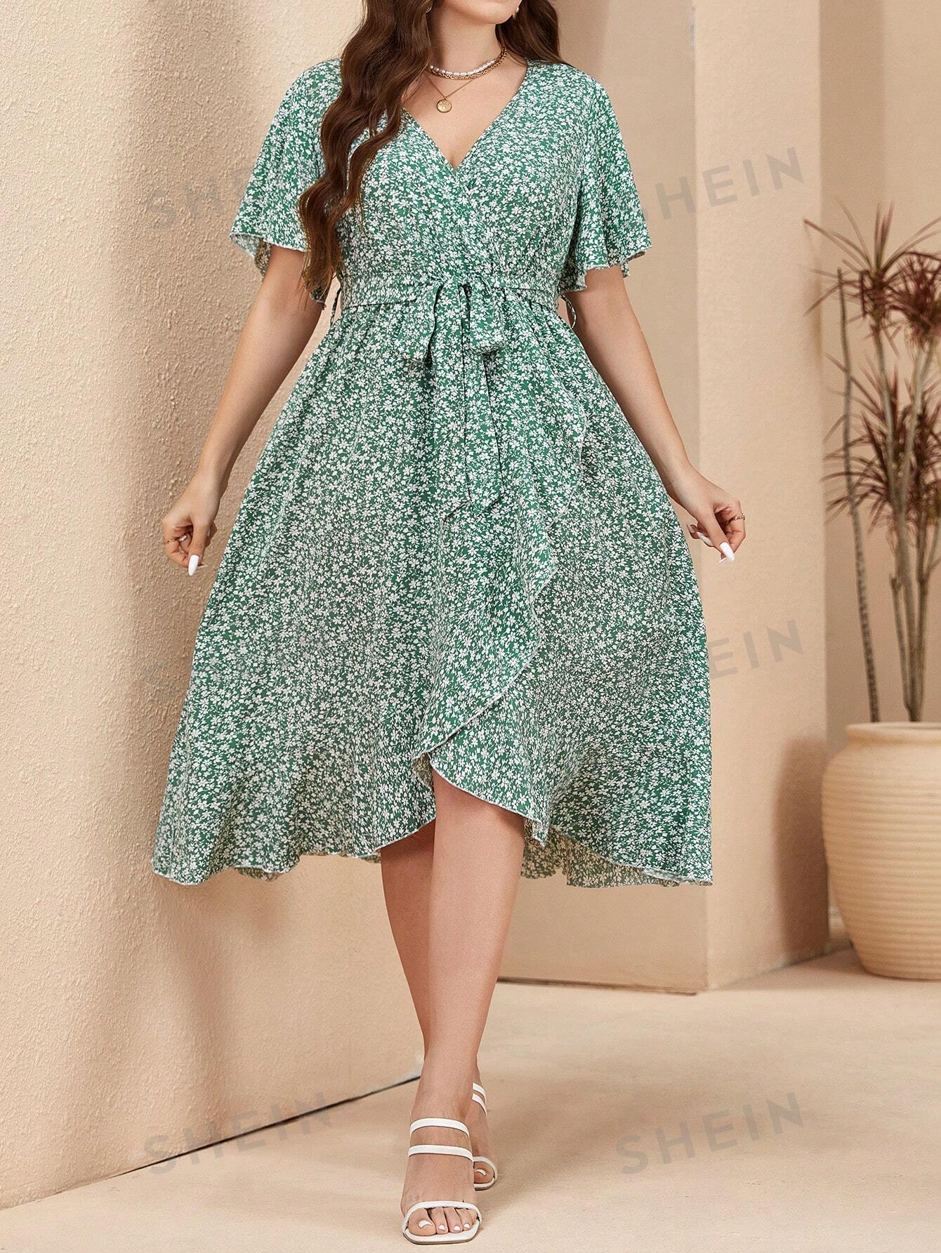 SHEIN Unity Plus Size Floral Print V-Neck Ruffle Sleeve Dress - Image 4