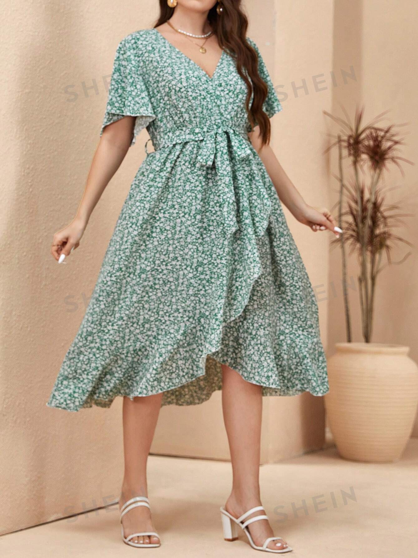 SHEIN Unity Plus Size Floral Print V-Neck Ruffle Sleeve Dress - Image 5