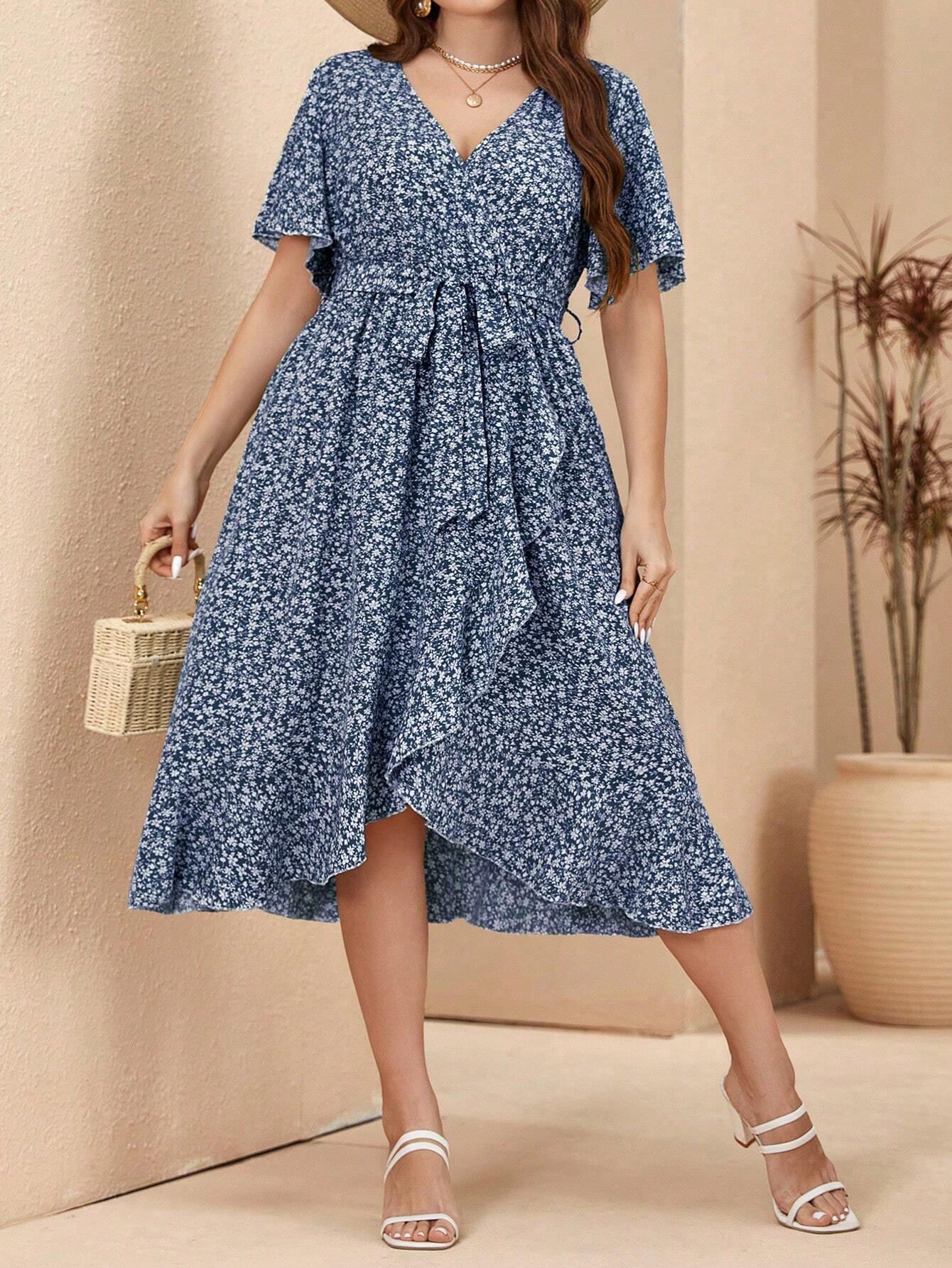 SHEIN Unity Plus Size Floral Print V-Neck Ruffle Sleeve Dress - Image 7