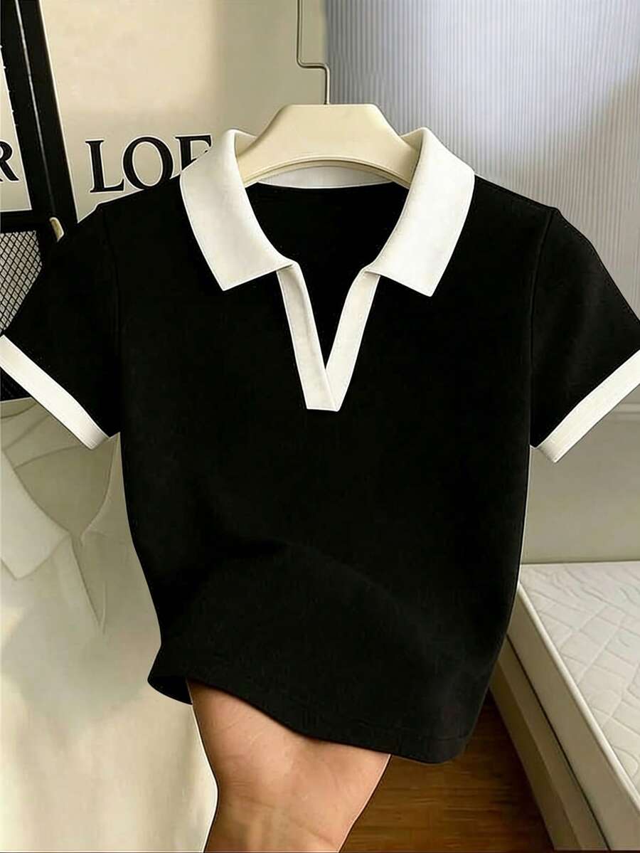 Women's Solid Color Polo Collar Fitted Short Sleeve T-Shirt