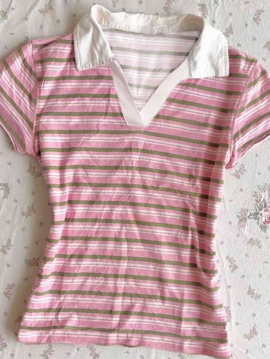 Women's Solid Color Polo Collar Fitted Short Sleeve T-Shirt - Image 10