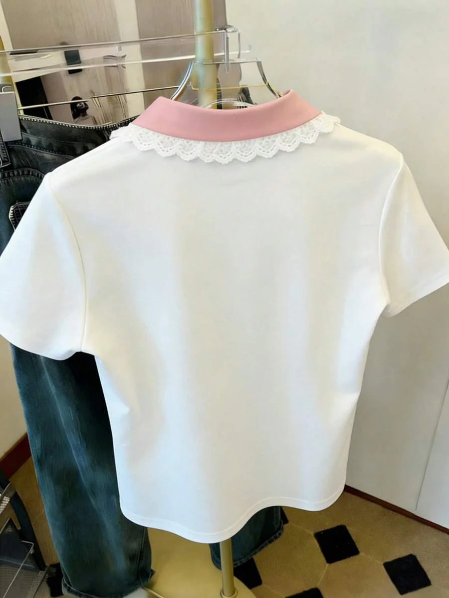 Women's Solid Color Polo Collar Fitted Short Sleeve T-Shirt - Image 14