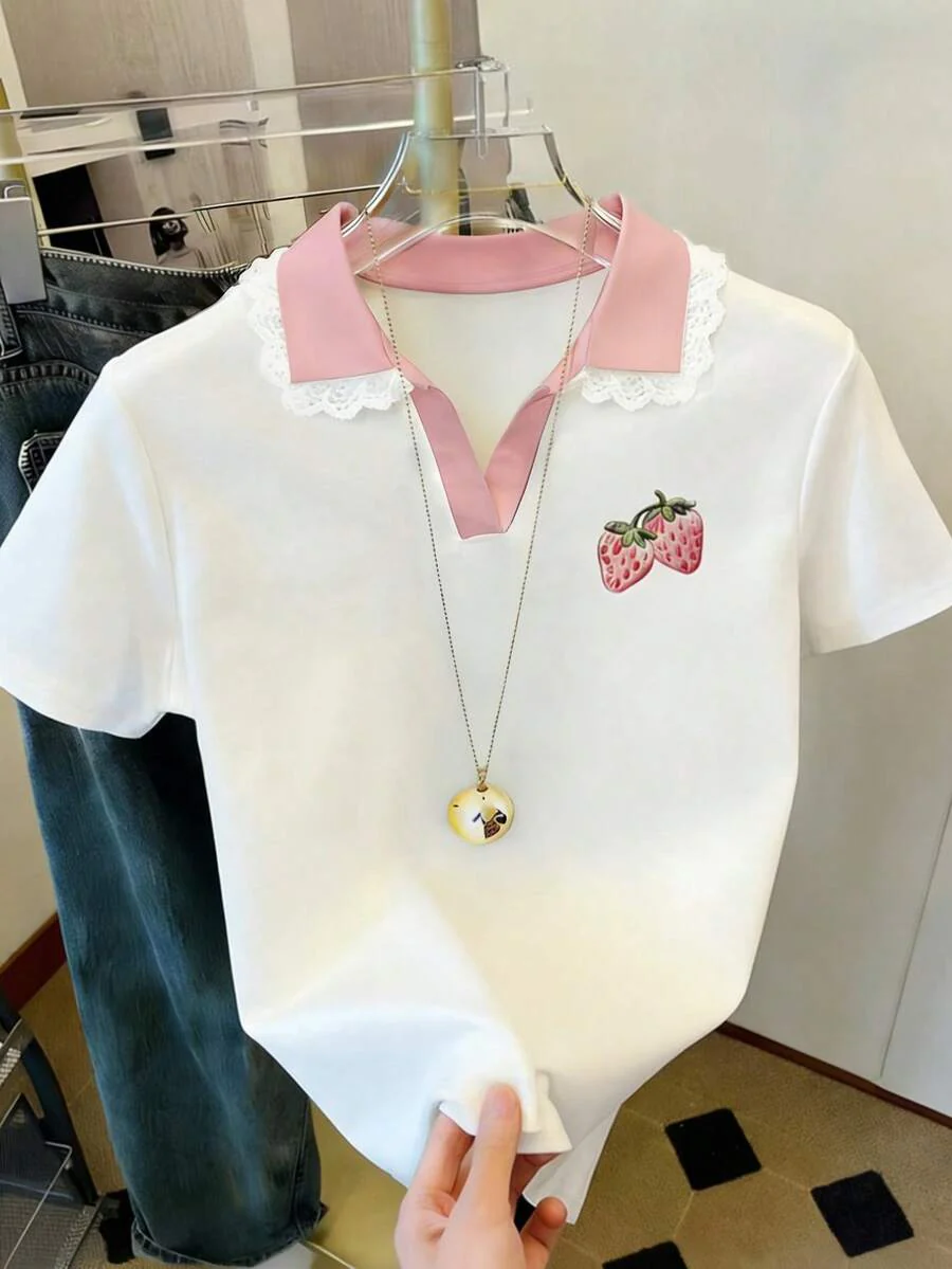 Women's Solid Color Polo Collar Fitted Short Sleeve T-Shirt - Image 16