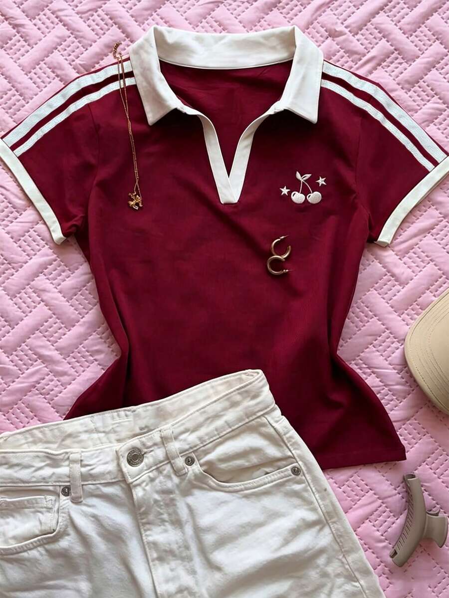 Women's Solid Color Polo Collar Fitted Short Sleeve T-Shirt - Image 19