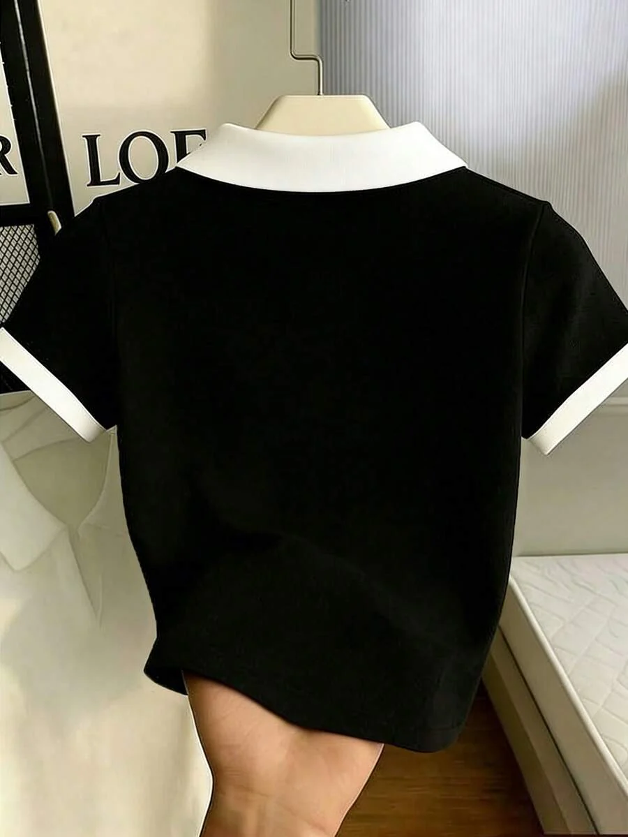 Women's Solid Color Polo Collar Fitted Short Sleeve T-Shirt - Image 2