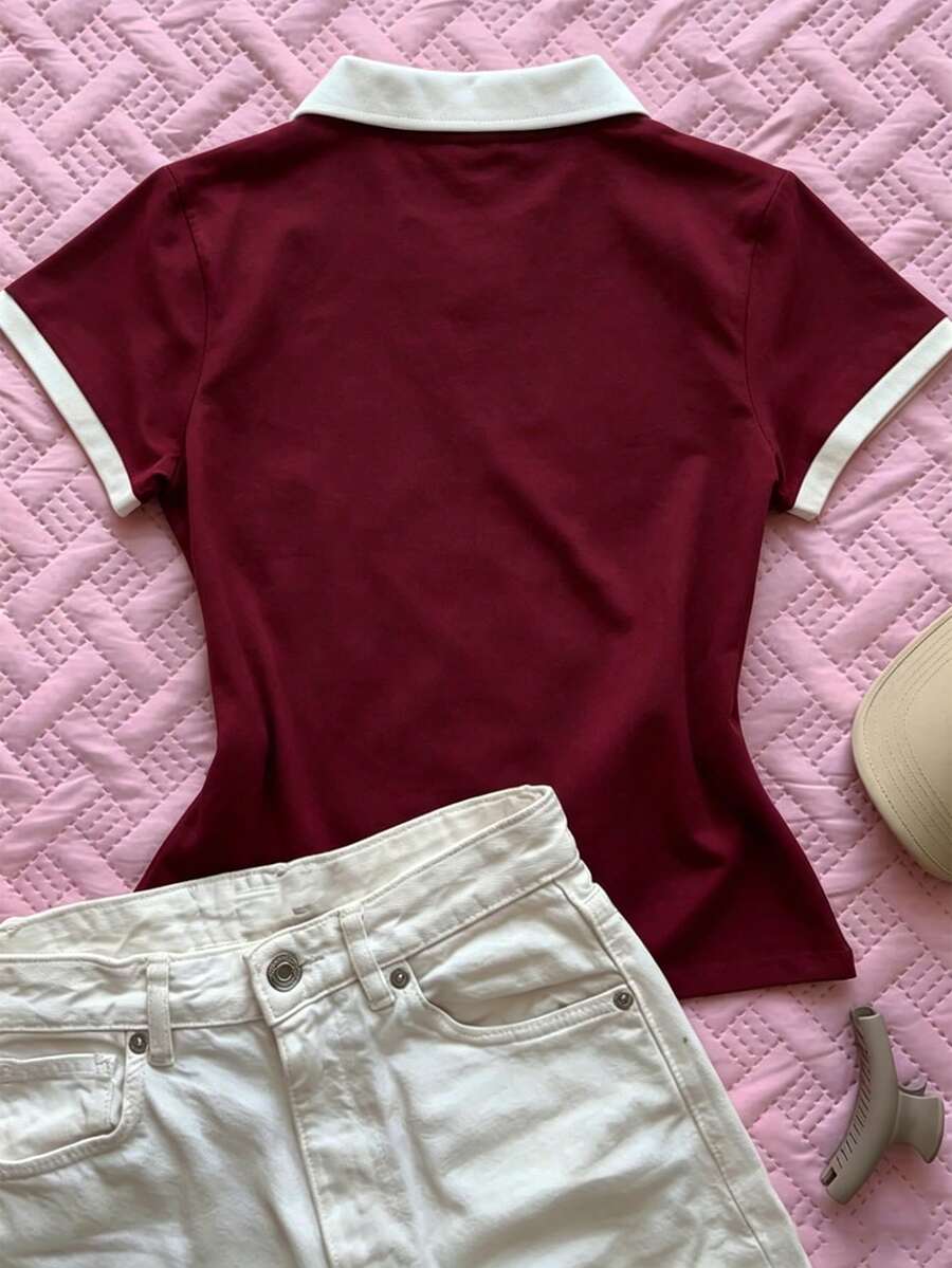 Women's Solid Color Polo Collar Fitted Short Sleeve T-Shirt - Image 20