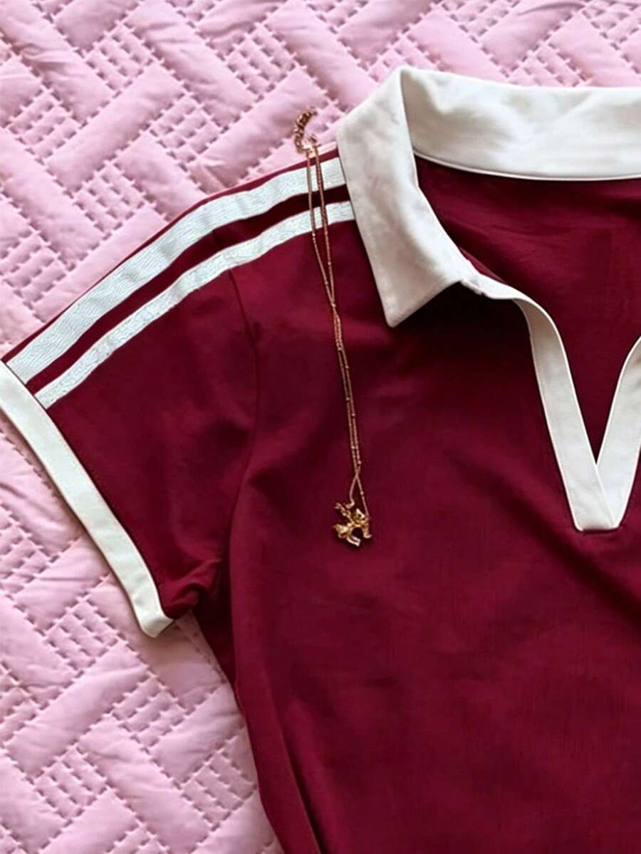 Women's Solid Color Polo Collar Fitted Short Sleeve T-Shirt - Image 21