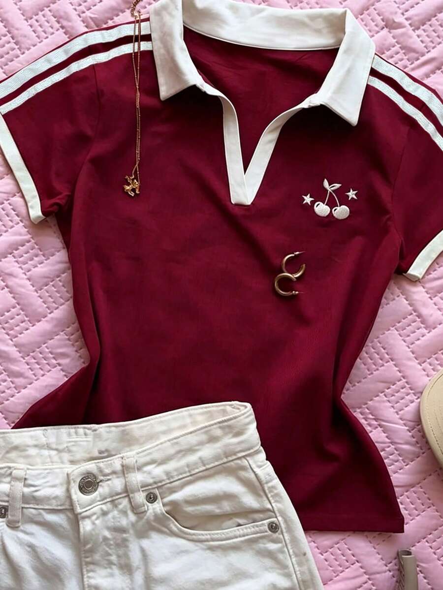Women's Solid Color Polo Collar Fitted Short Sleeve T-Shirt - Image 22