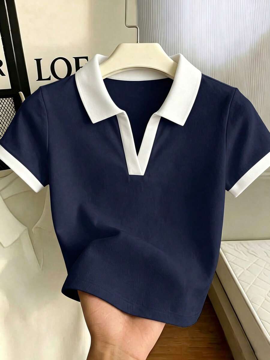 Women's Solid Color Polo Collar Fitted Short Sleeve T-Shirt - Image 23
