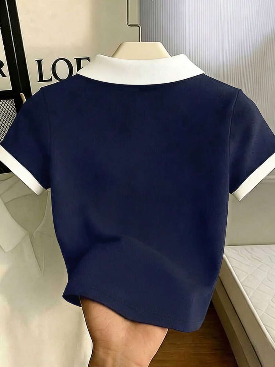 Women's Solid Color Polo Collar Fitted Short Sleeve T-Shirt - Image 24