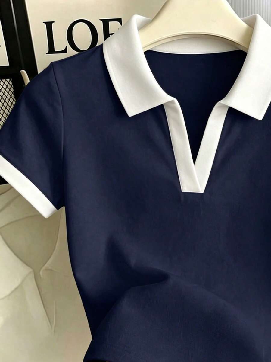 Women's Solid Color Polo Collar Fitted Short Sleeve T-Shirt - Image 25